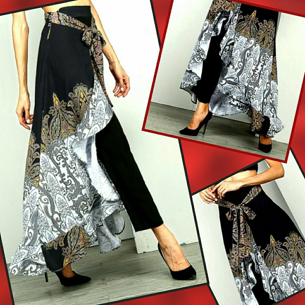 COPY - Black Paisley Chiffon High-Waist Ruffle Pa…